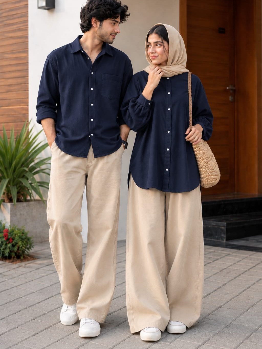 Couple wearing matching navy blue shirts and beige wide-leg trousers standing outdoors.