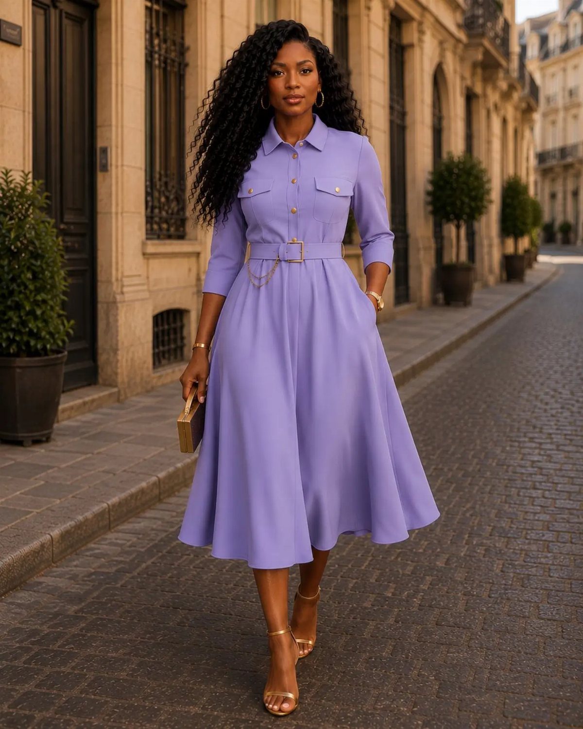 Woman in purple belted midi shirt dress holding a gold structured clutch bag.