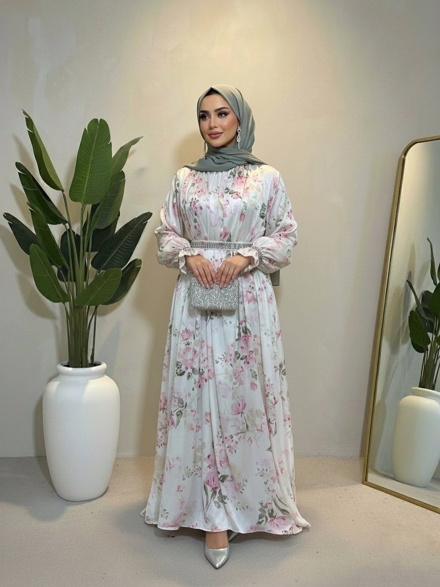 Woman in a floral maxi dress, grey hijab, and silver accessories standing indoors.