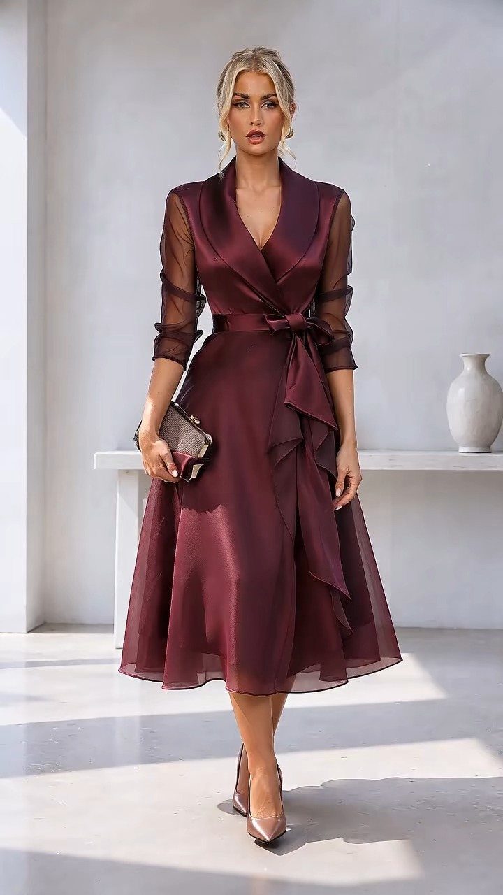 Woman in burgundy satin belted midi dress holding a gold clutch bag