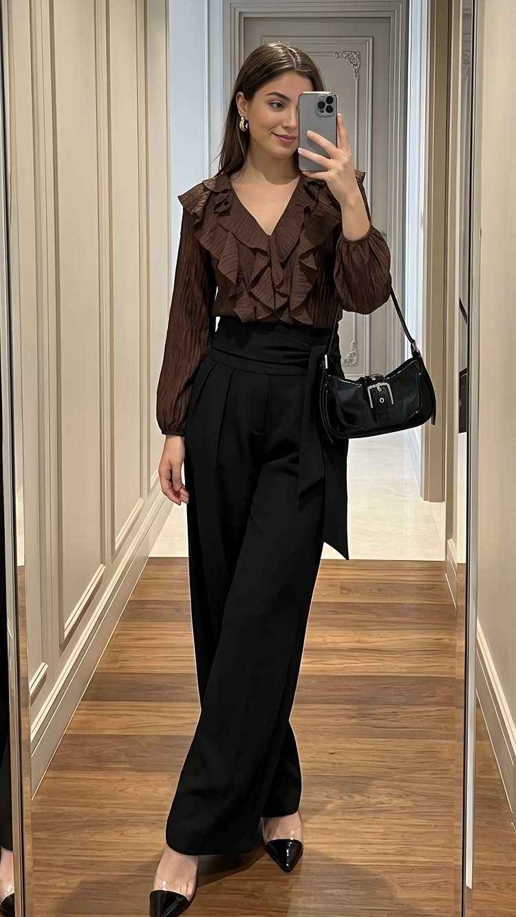 Woman wearing a brown ruffled blouse and black wide-leg tailored trousers with heels.