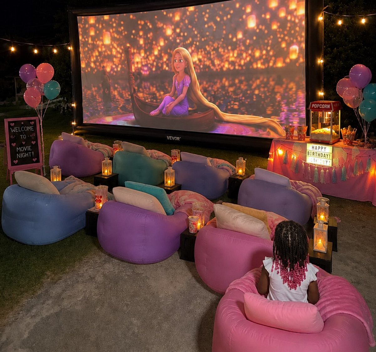 Outdoor movie screen with colorful bean bags and a birthday snack table.