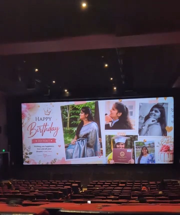 Cinema screen displaying a birthday photo collage in a dark movie theater.