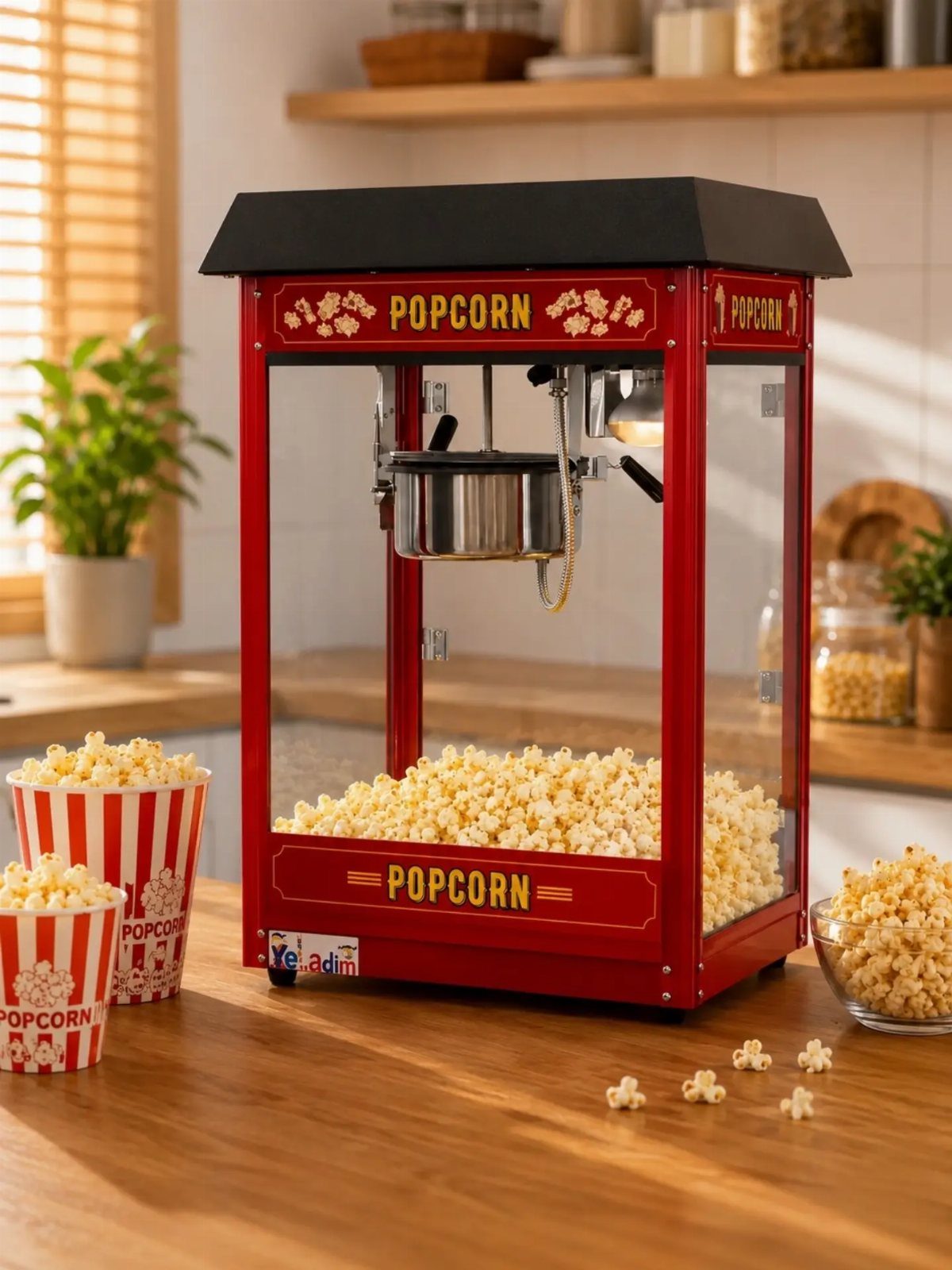 Red vintage popcorn machine and red-and-white striped popcorn buckets on a wooden counter