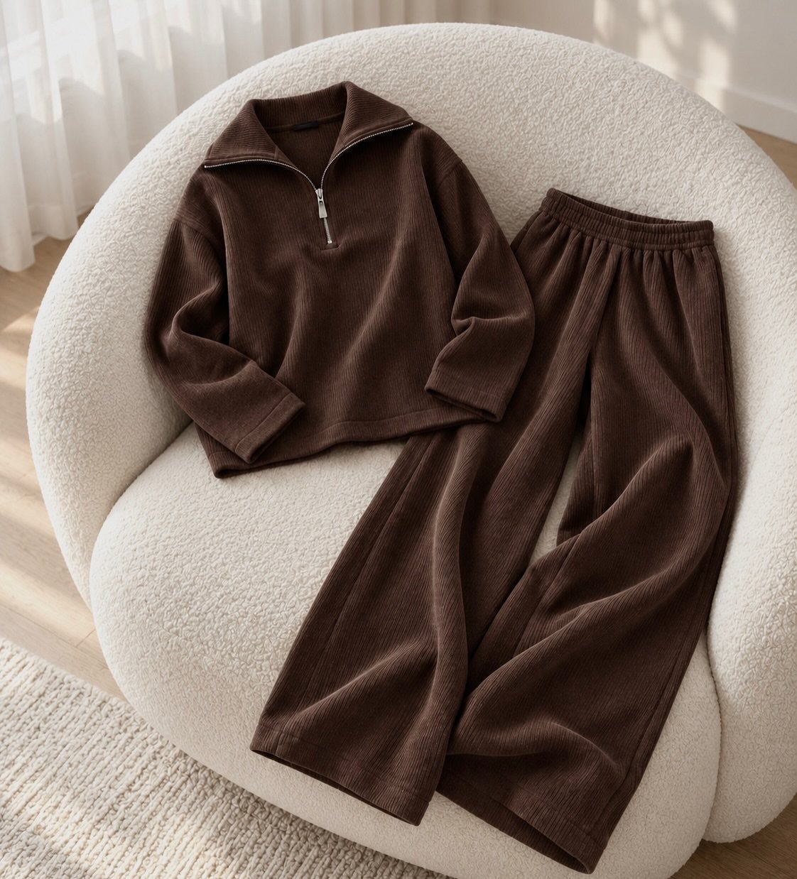 Brown ribbed knitted top and wide-leg trousers laid on a white boucle chair.