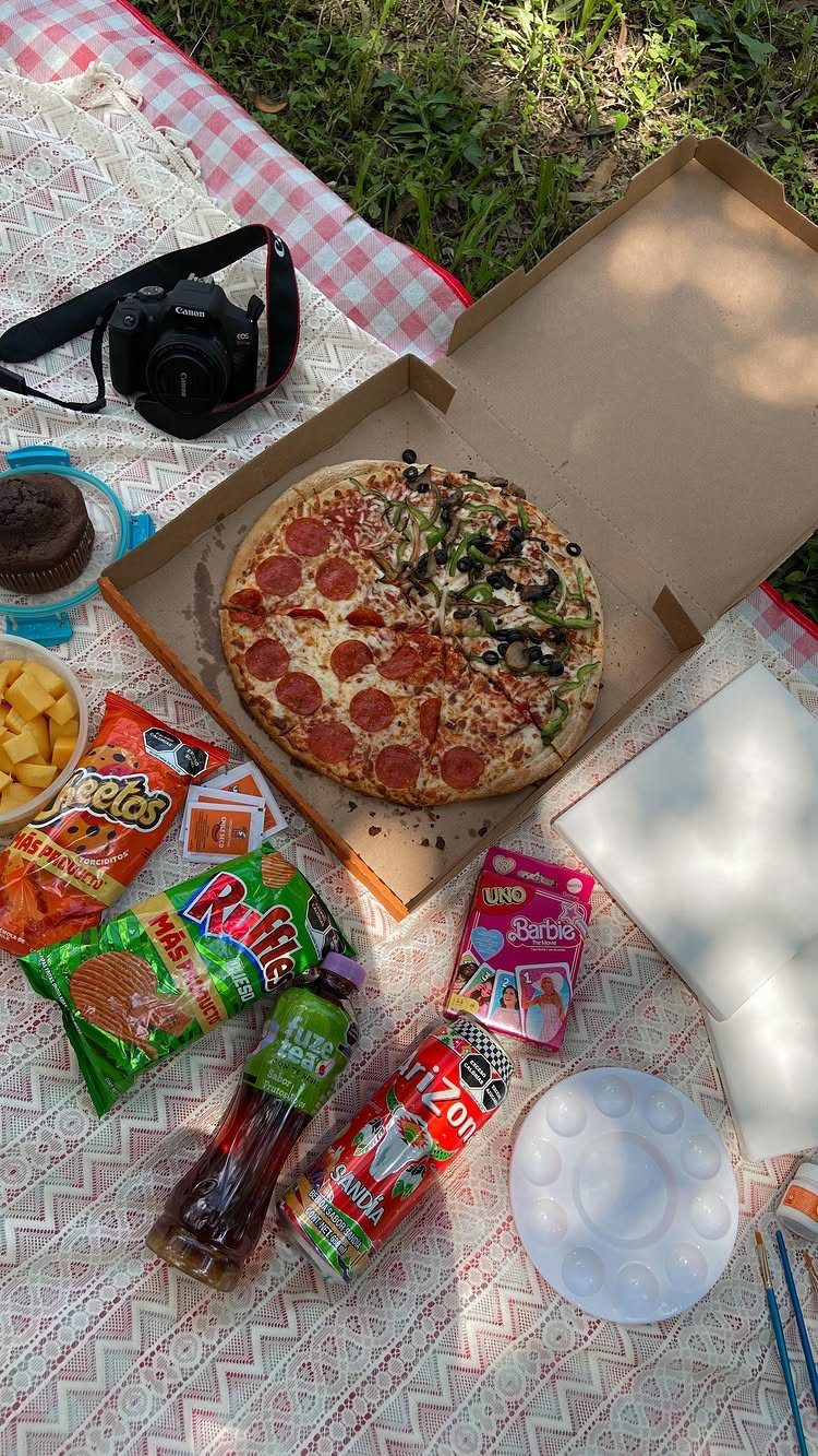 Pizza, snacks, and a camera on a picnic blanket over green grass.