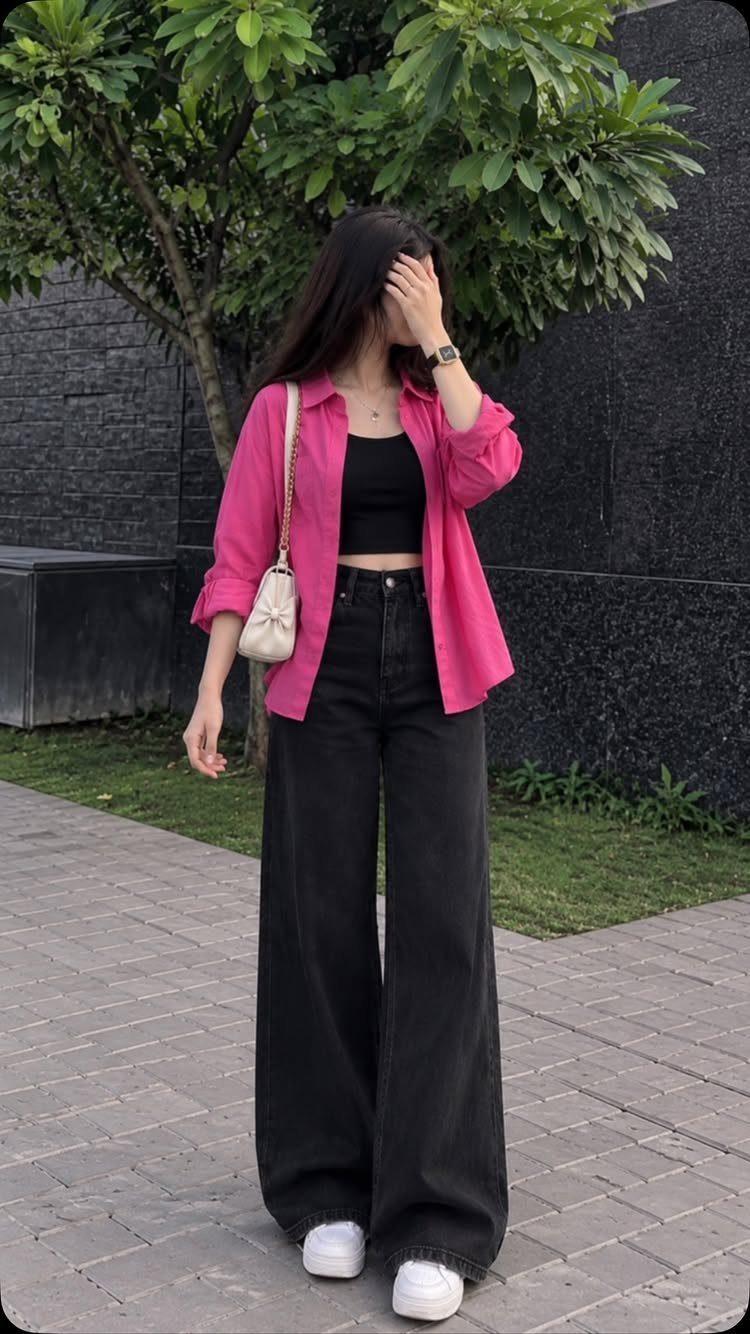 Woman wearing black wide-leg jeans, a pink shirt, and white sneakers outdoors.