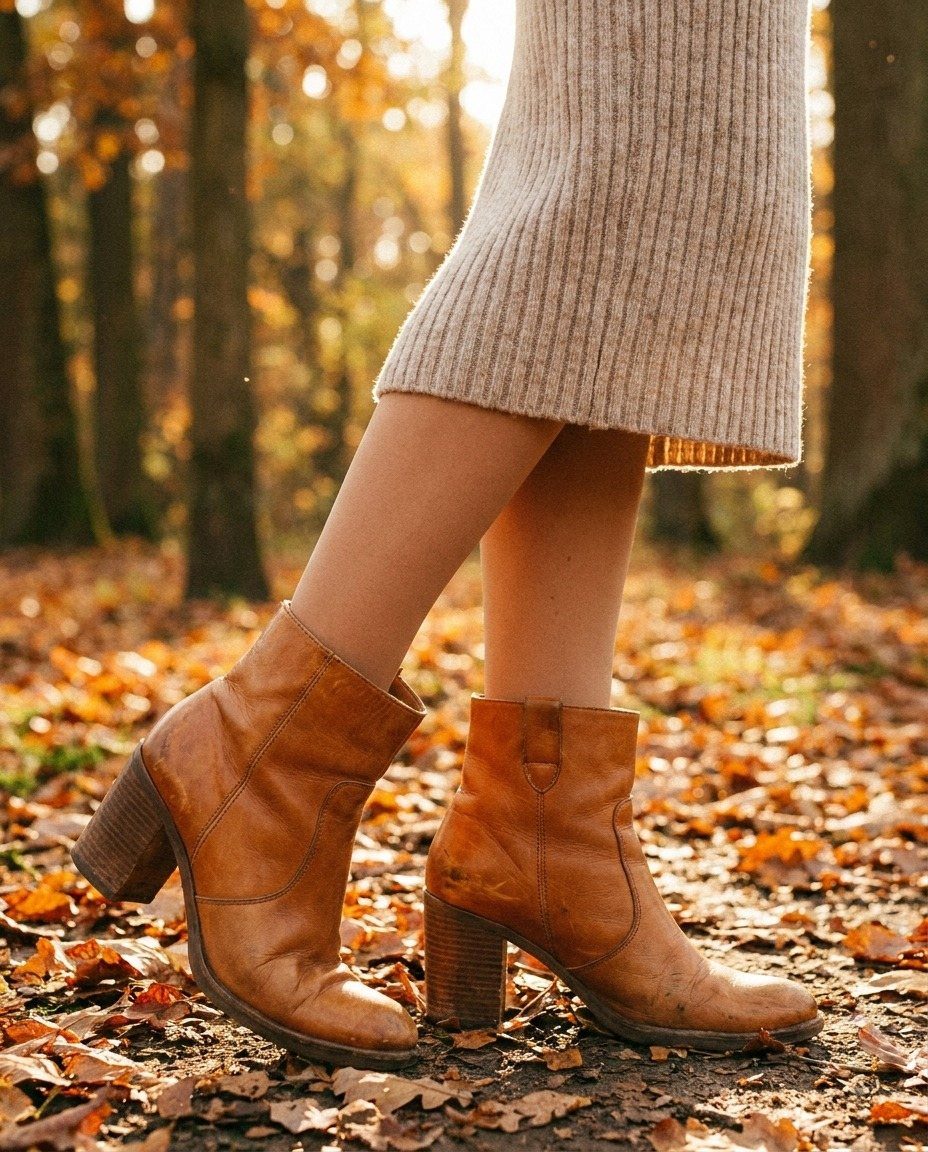 Beige ribbed knit midi dress and brown leather ankle boots on autumn leaves.