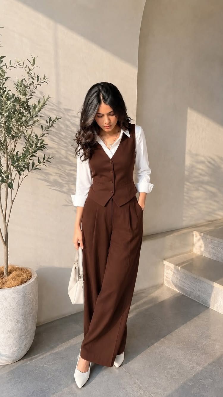 Woman wearing a brown suit vest with matching trousers and a white shirt.