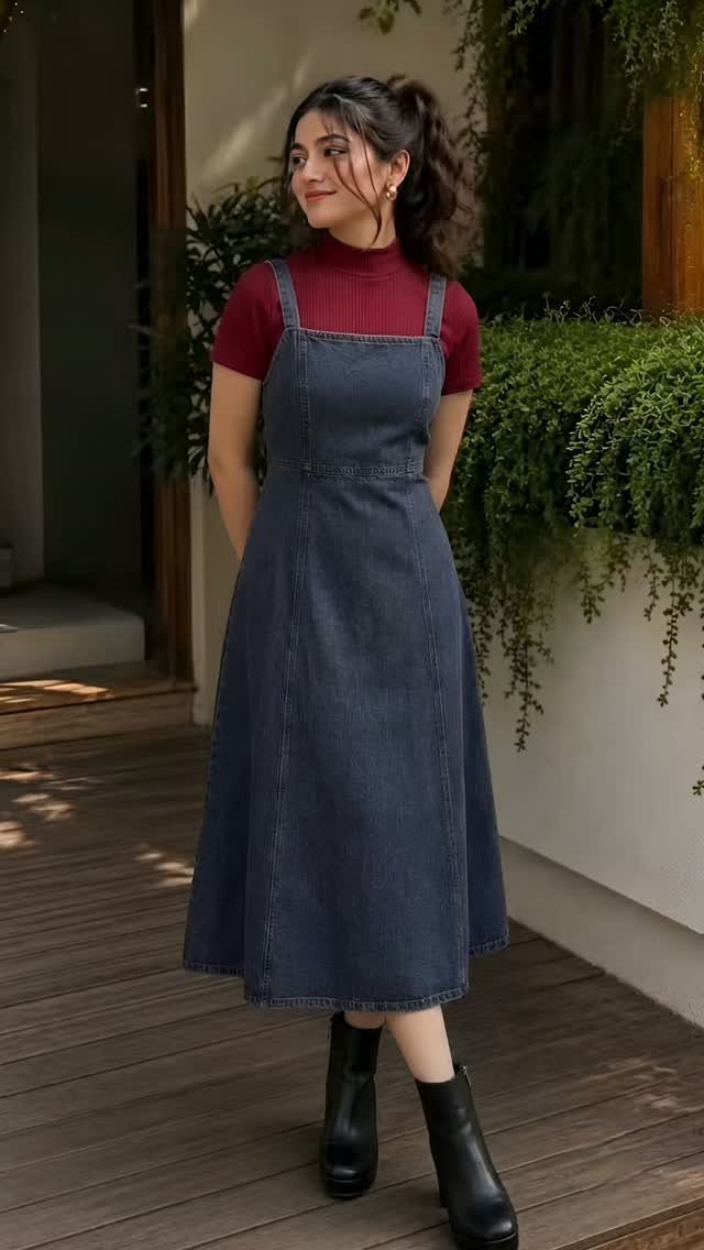 Woman wearing a red turtleneck under a blue denim midi dress and black boots.