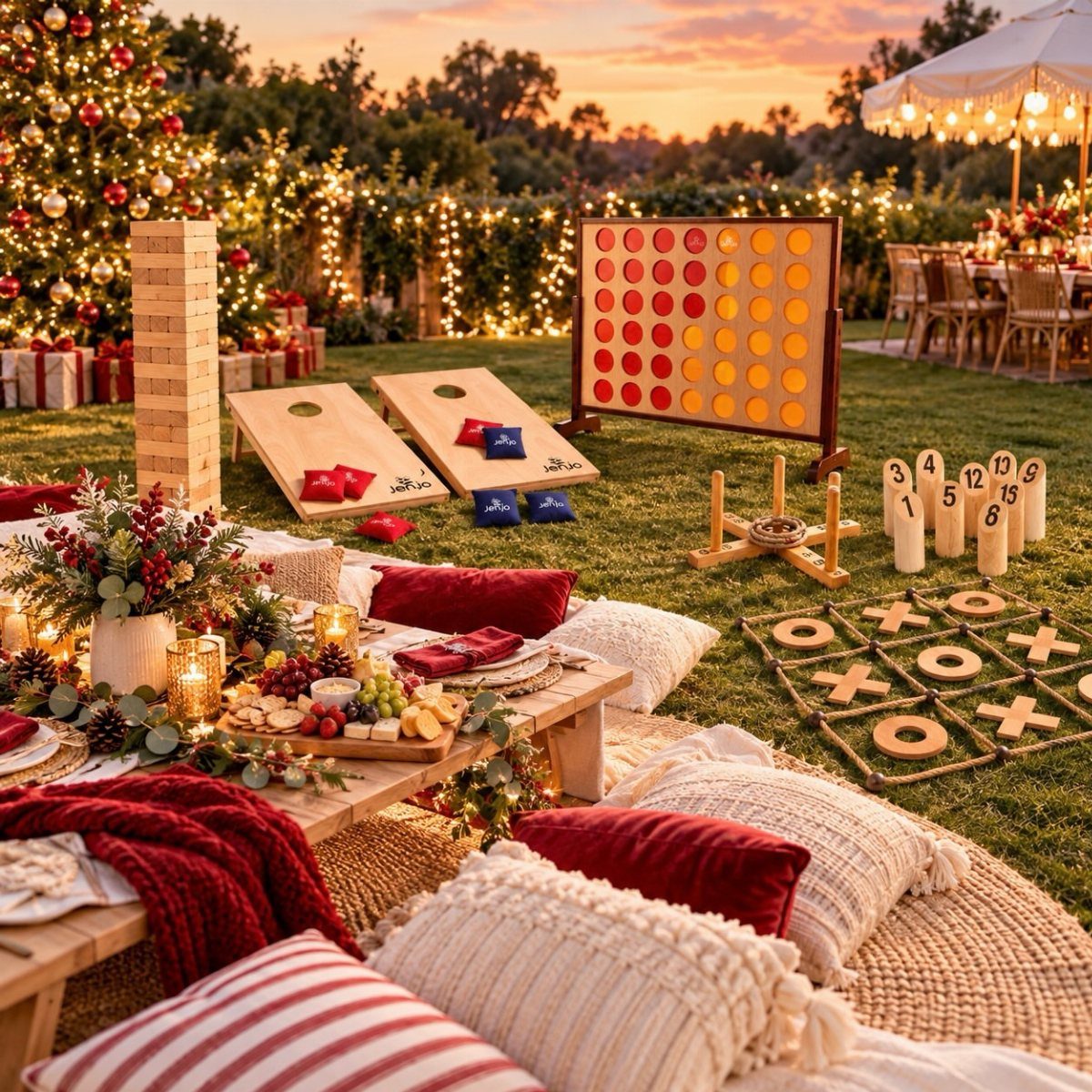 Outdoor party setup with lawn games, a charcuterie board, and cozy pillows at sunset.
