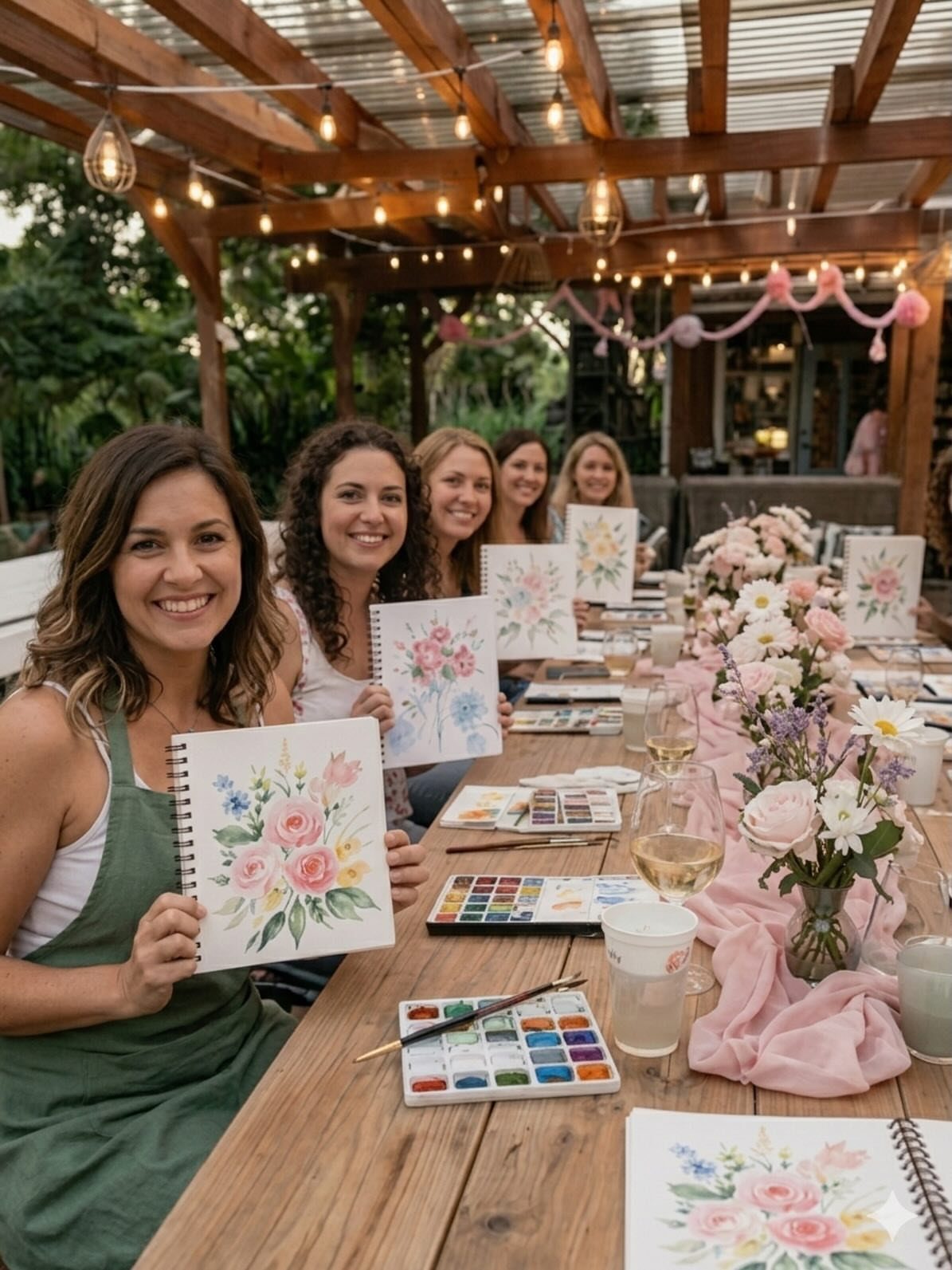 Five women smiling and holding watercolor flower paintings at a decorated outdoor table.