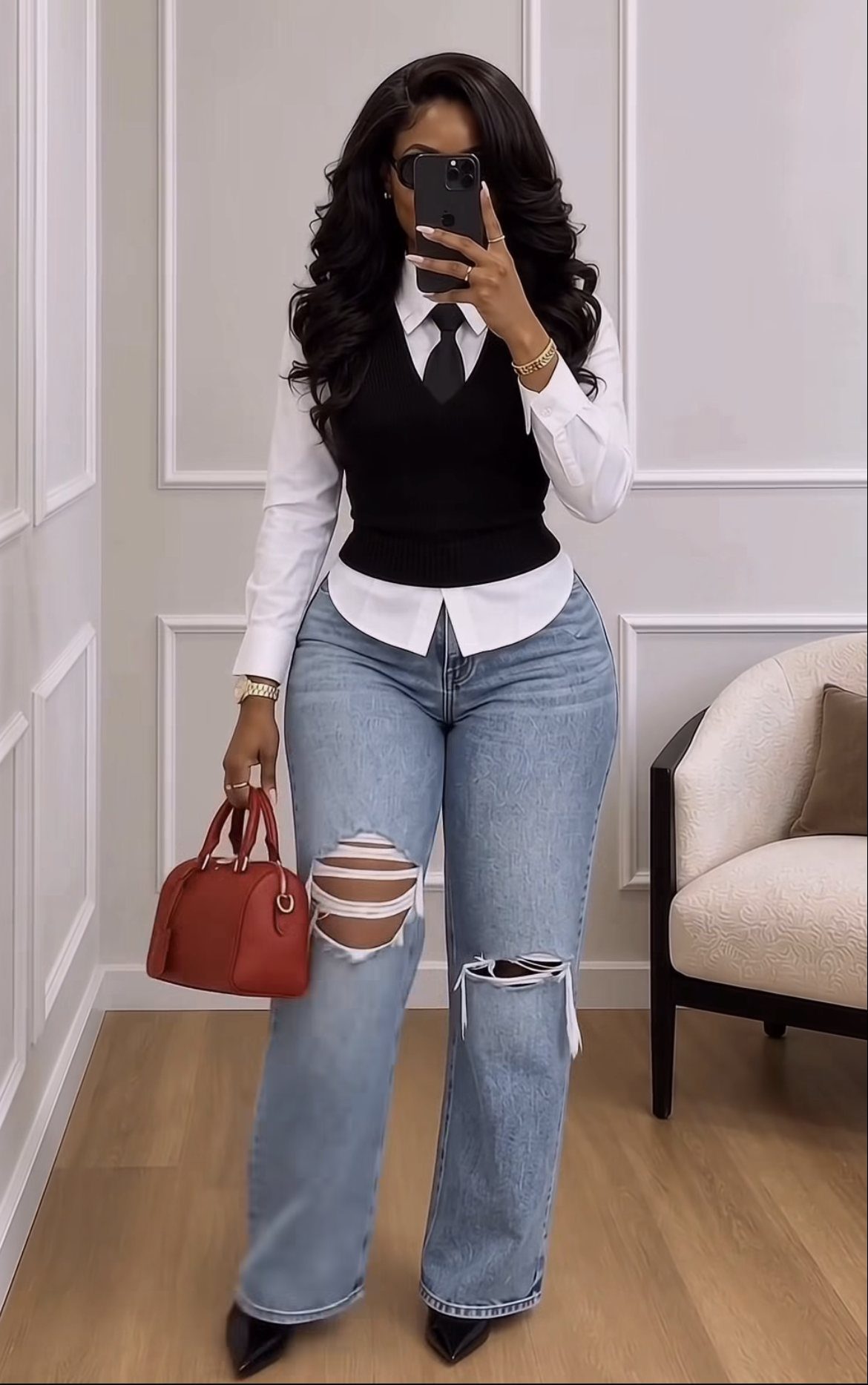 Woman in white shirt, black vest, tie, and ripped jeans holding red handbag.