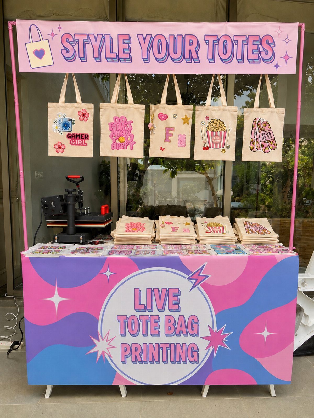 Canvas tote bags with colorful prints displayed at a live printing station booth.