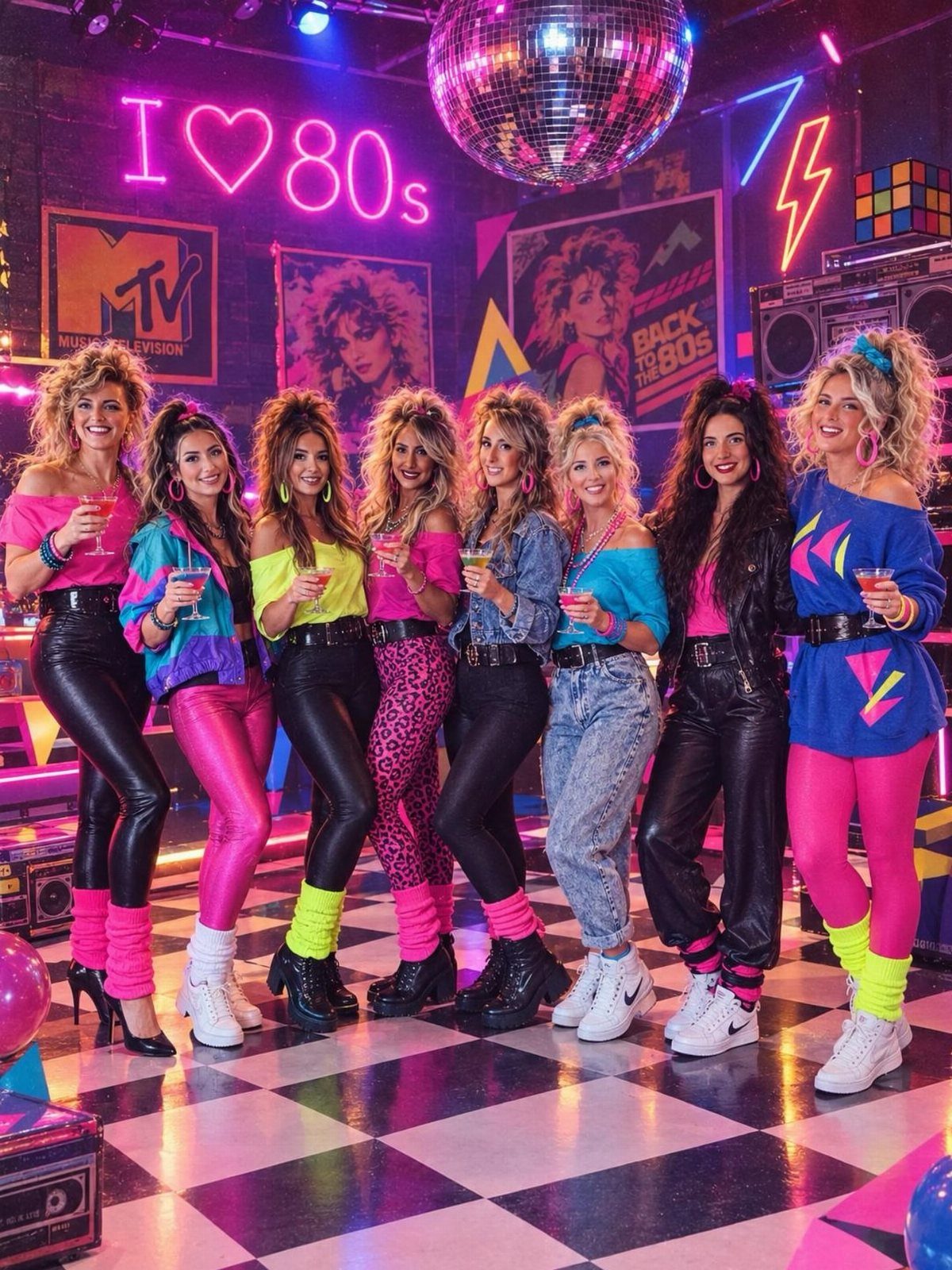Women in 1980s neon outfits posing under a disco ball in a themed room.