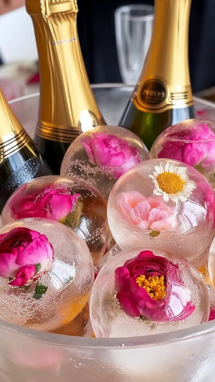 Champagne bottles in a bucket with floral ice spheres for a party.