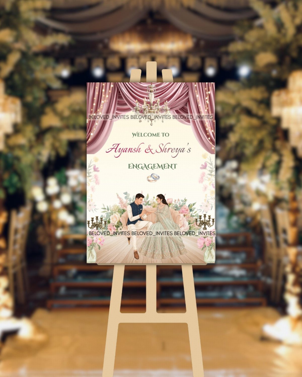 Welcome sign on a wooden easel for Ayansh and Shreya's engagement party.