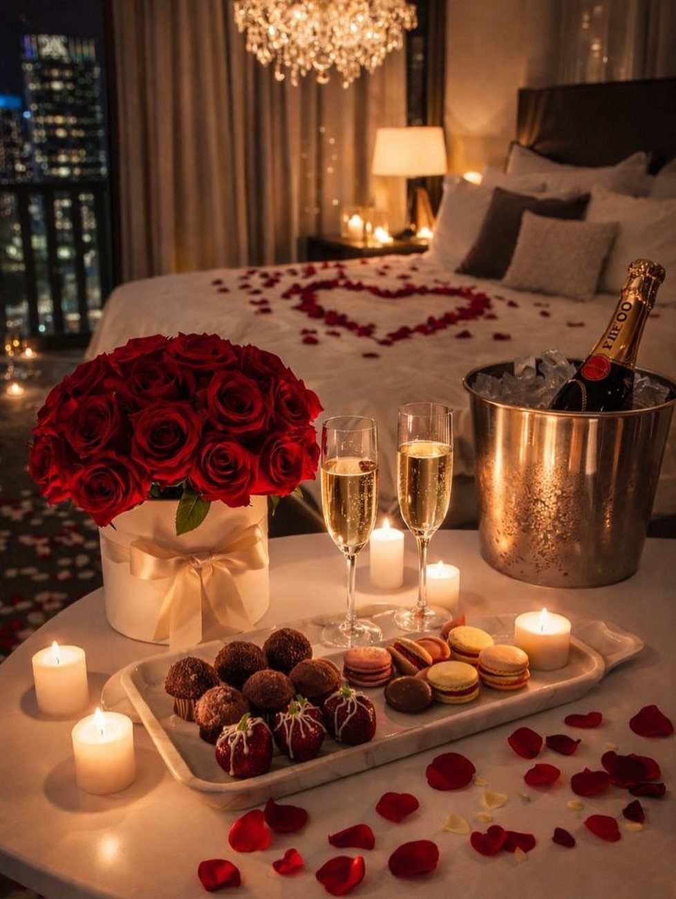 Romantic bedroom scene with champagne, red roses, chocolates, and heart-shaped petals on bed.