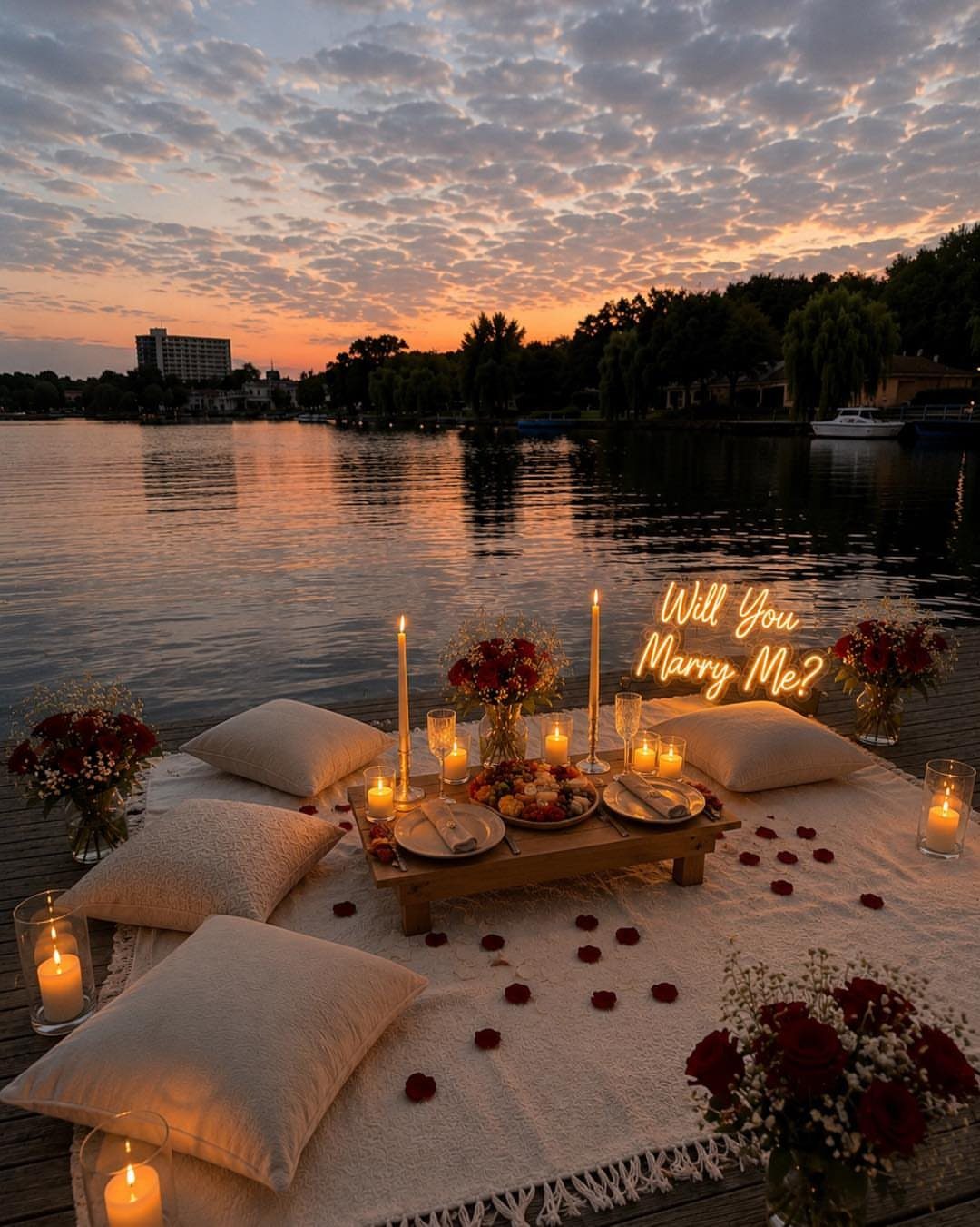 Romantic lakeside picnic setup with candles, red roses, and a marriage proposal sign.