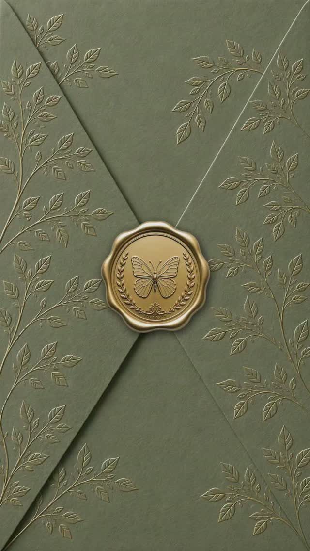 Sage green envelope with gold embossed leaves and a gold butterfly wax seal.