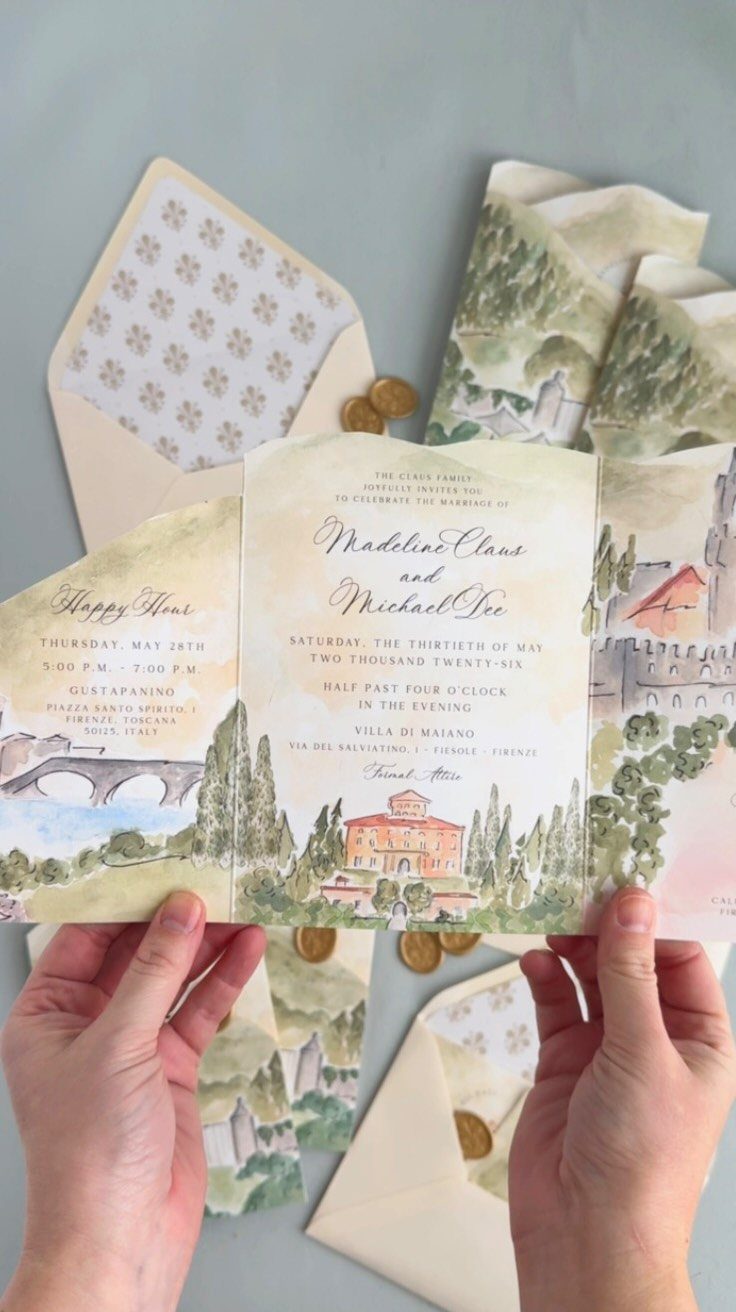 Wedding invitation suite with watercolor illustrations of a Tuscan villa and landscape.