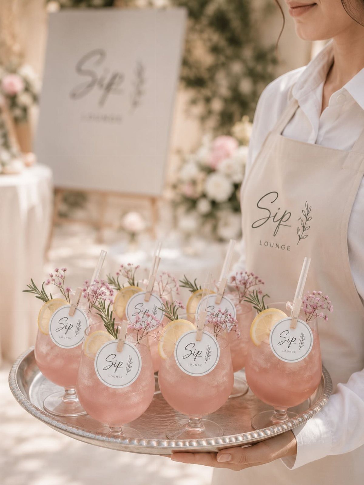 Pink cocktails with lemon slices and greenery on a silver tray held by server