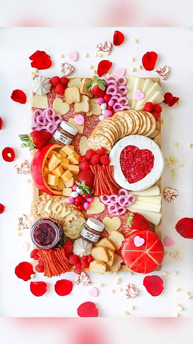 Heart-themed charcuterie board with cheeses, fruits, and crackers surrounded by red rose petals.