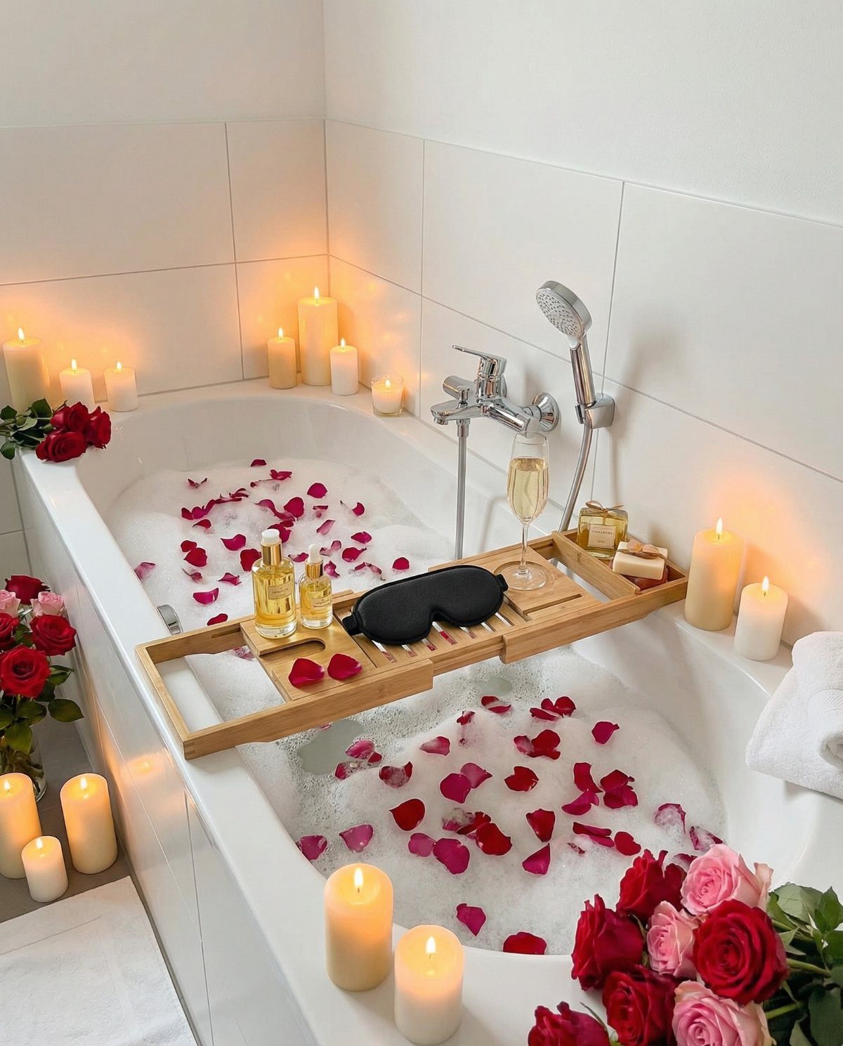 Bathtub with rose petals, candles, and a wooden caddy for a home spa.