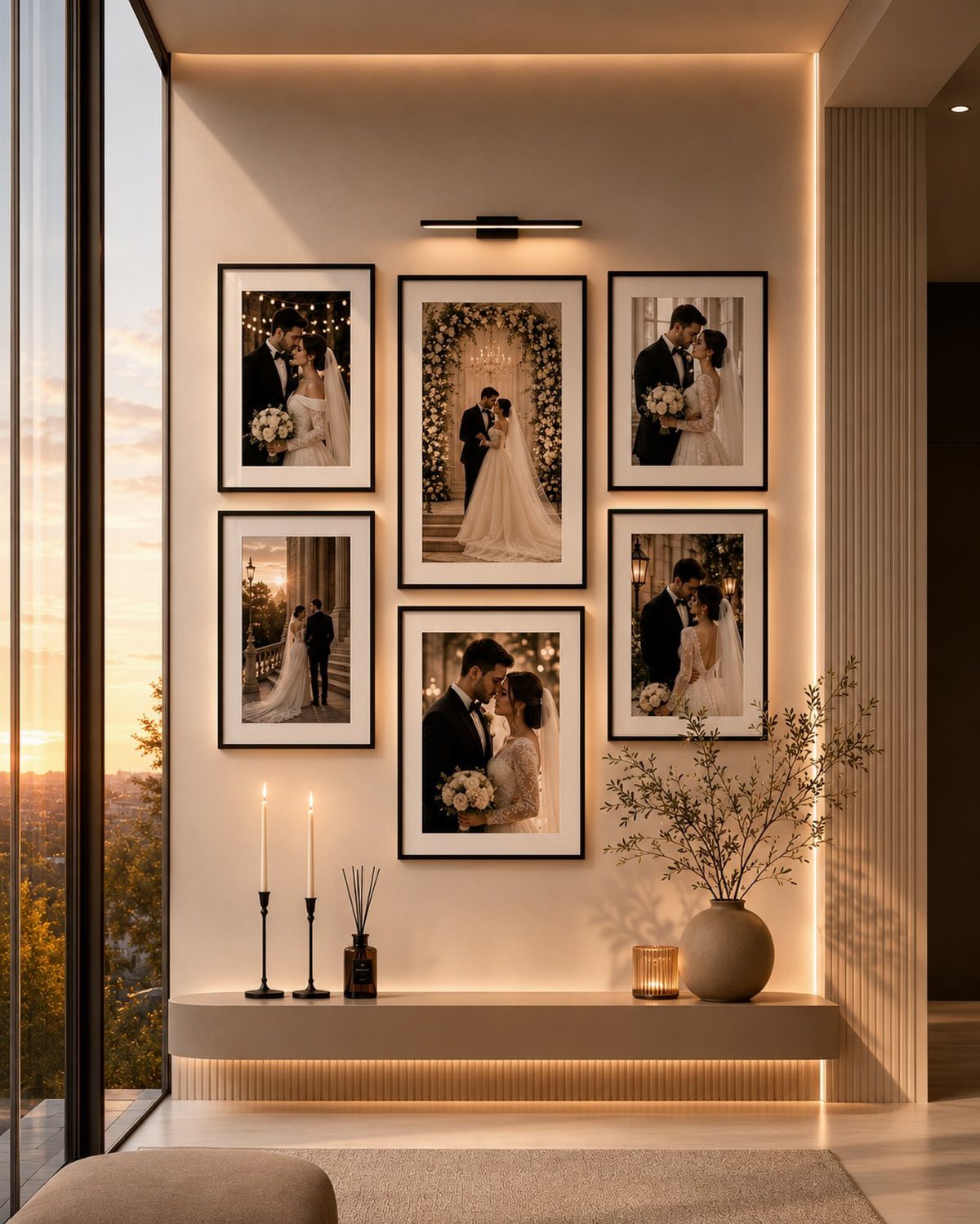 Gallery wall of framed wedding photos with candles and greenery on a shelf
