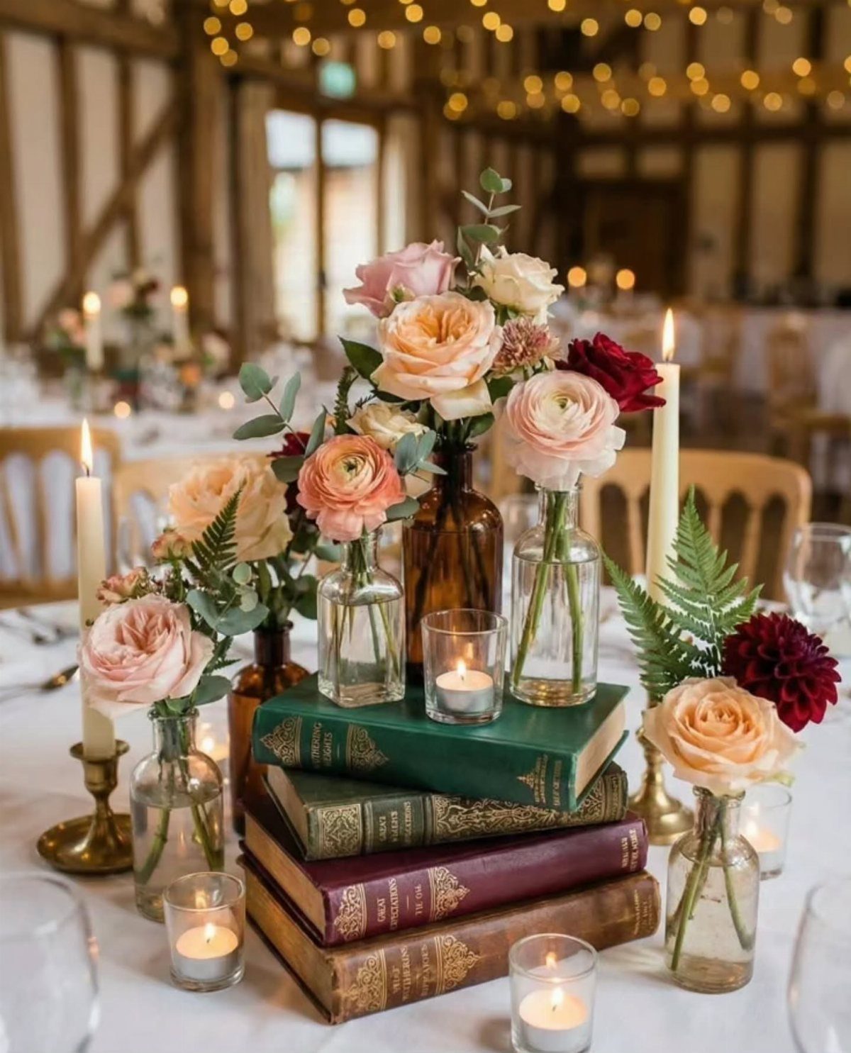 Vintage hardcover books stacked as a centerpiece with roses and small candles.
