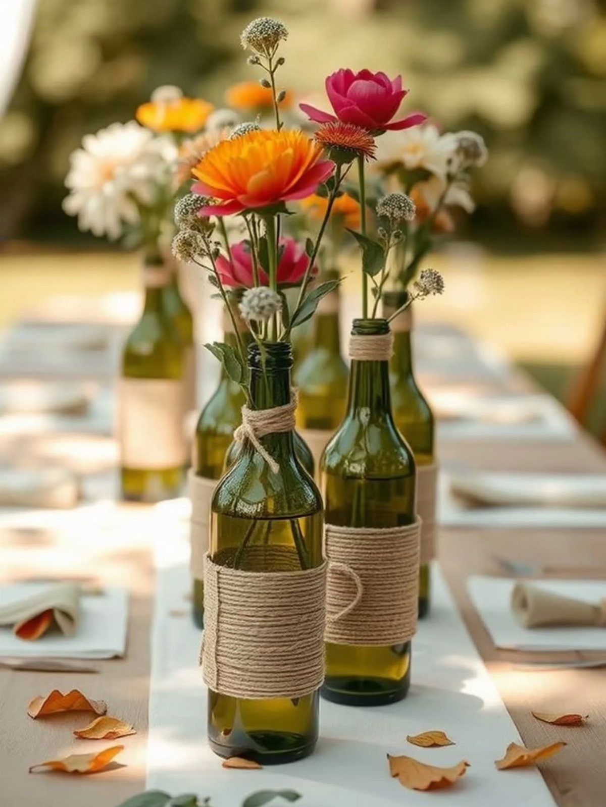 Green glass bottles wrapped in twine holding colorful flowers on a wedding table.