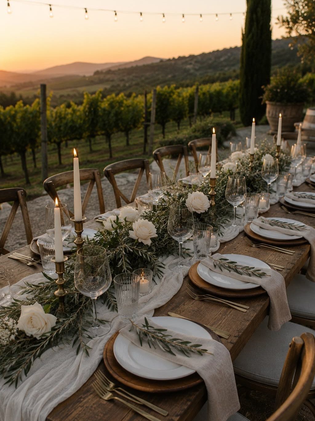 Wedding table setting with greenery garlands, white roses, and candles in a vineyard.