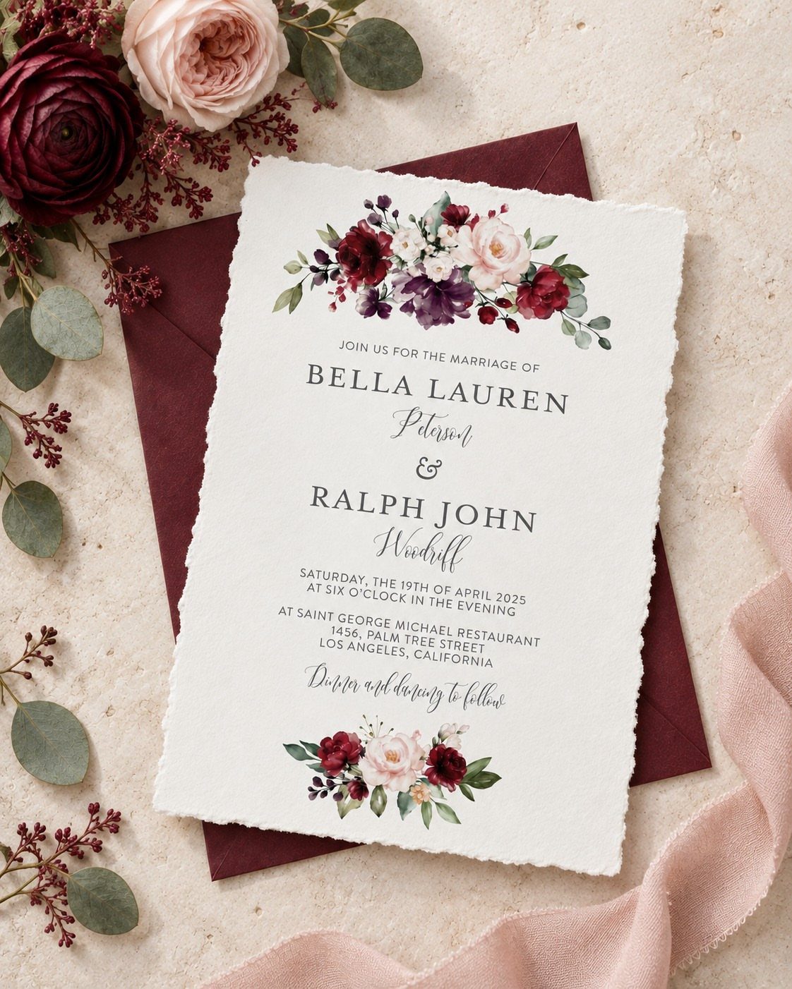 Wedding invitation with burgundy floral accents on a dark red envelope with roses.