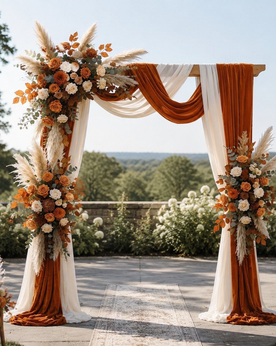 Wooden wedding arch with orange and cream fabric and autumn floral arrangements.
