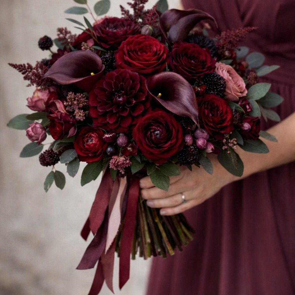 Deep red bridal bouquet with roses and calla lilies held by a bride.