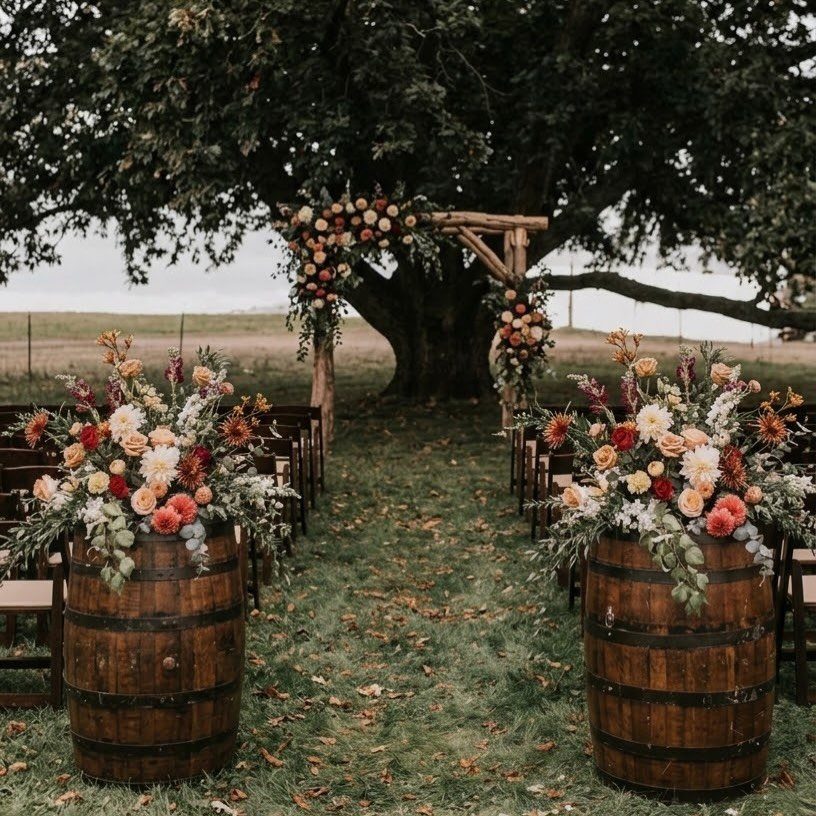 Wooden barrels with autumn flowers lining a path to a rustic floral arch.