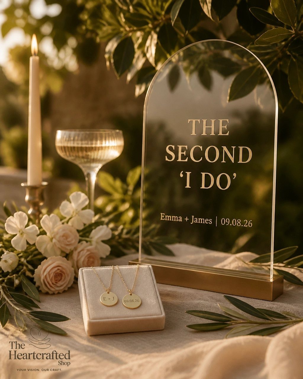 Acrylic sign for a second I do ceremony with jewelry and white flowers.